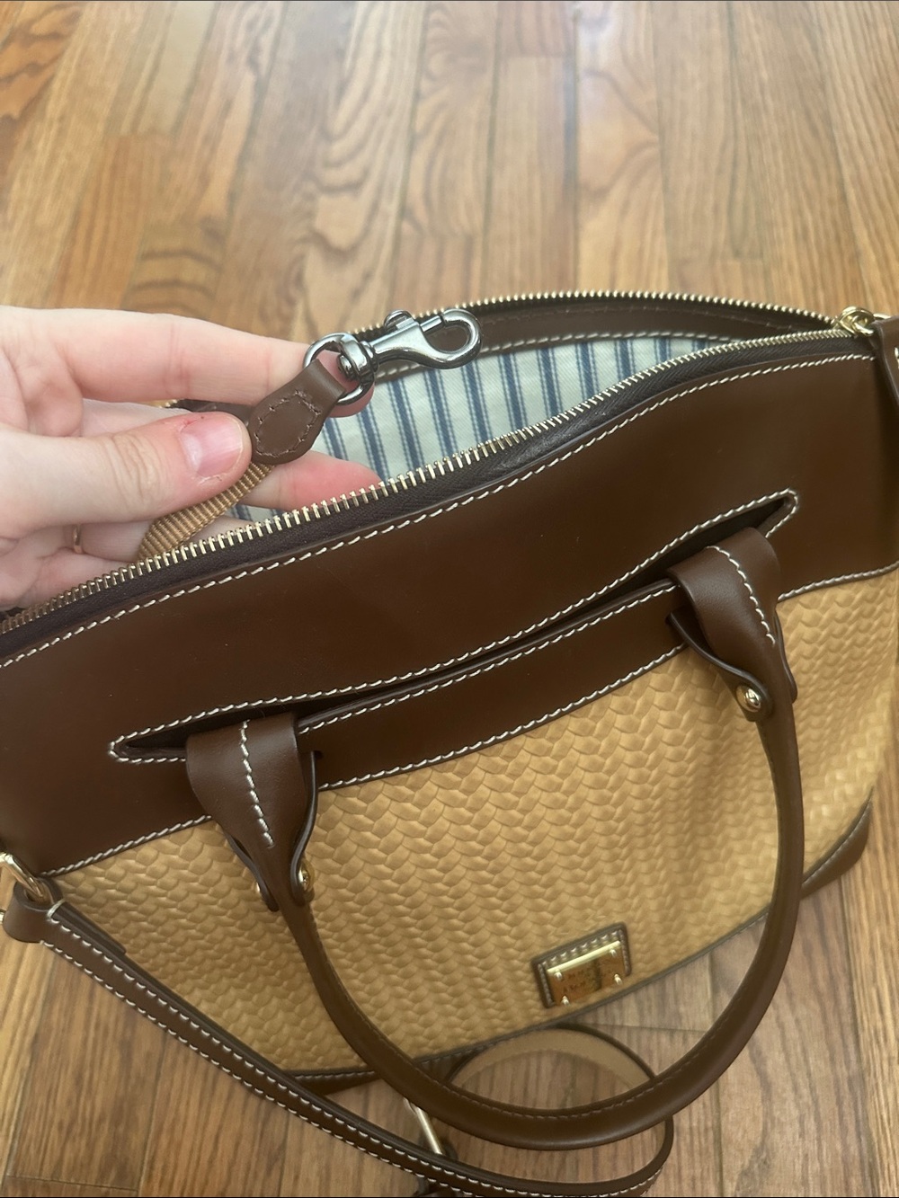 Dooney & Bourke Brown and Tan Woven Satchel With Gold Plaque - Picture 15 of 16